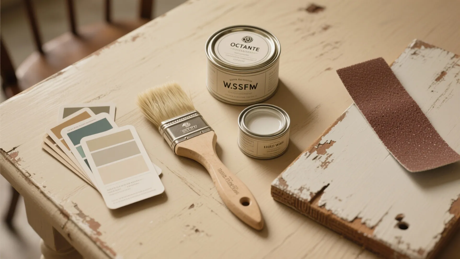 Paint cans with wooden brush sandpaper and color swatches placed on an old light table