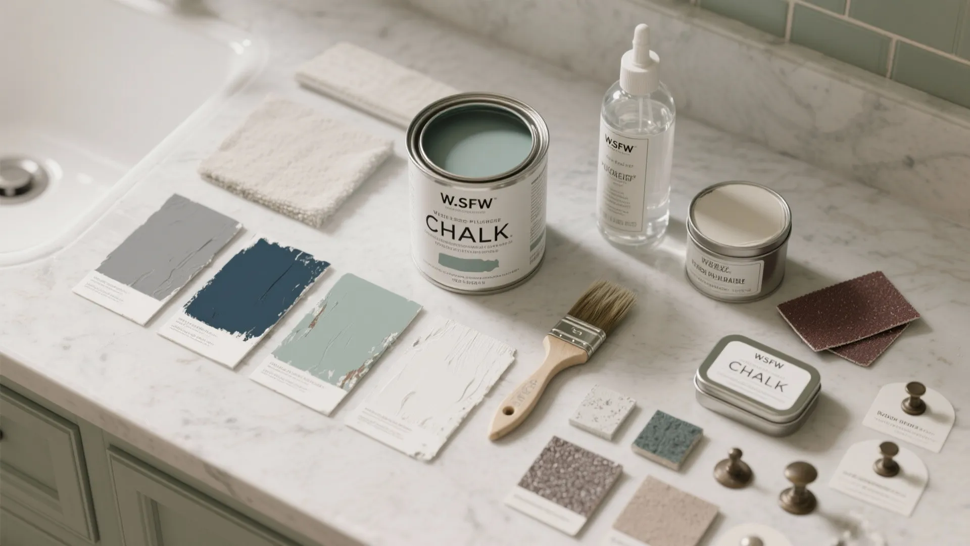 Chalk paint supplies including paint cans brushes color swatches and knobs on a white marble counter