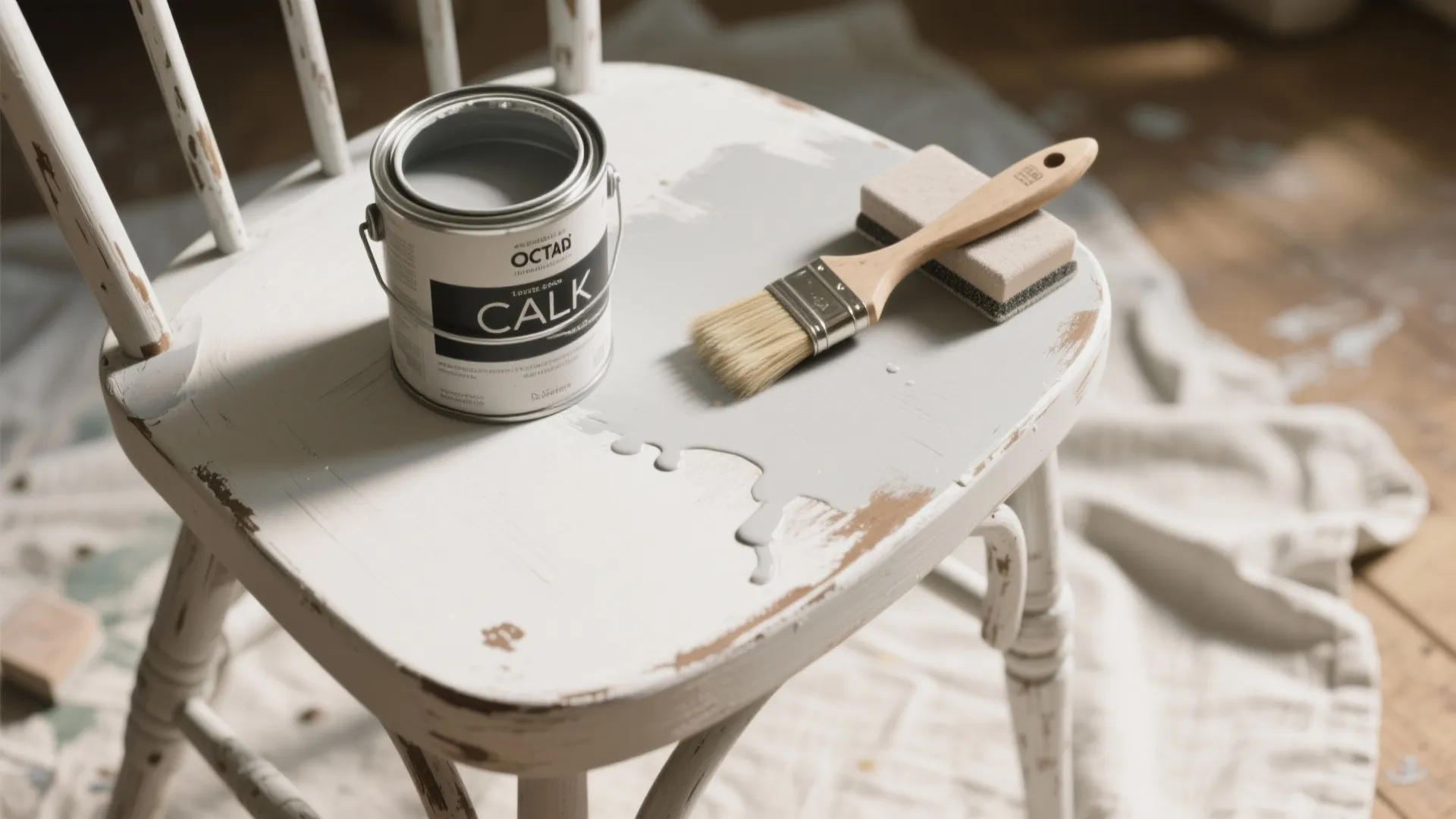 White wooden chair being repainted with grey paint using a small brush and paint can