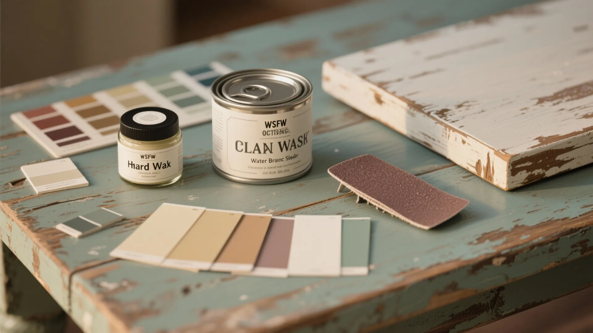 Flatlay of chalk paint swatches with hard wax and water-based sealer and a distressed sample board.