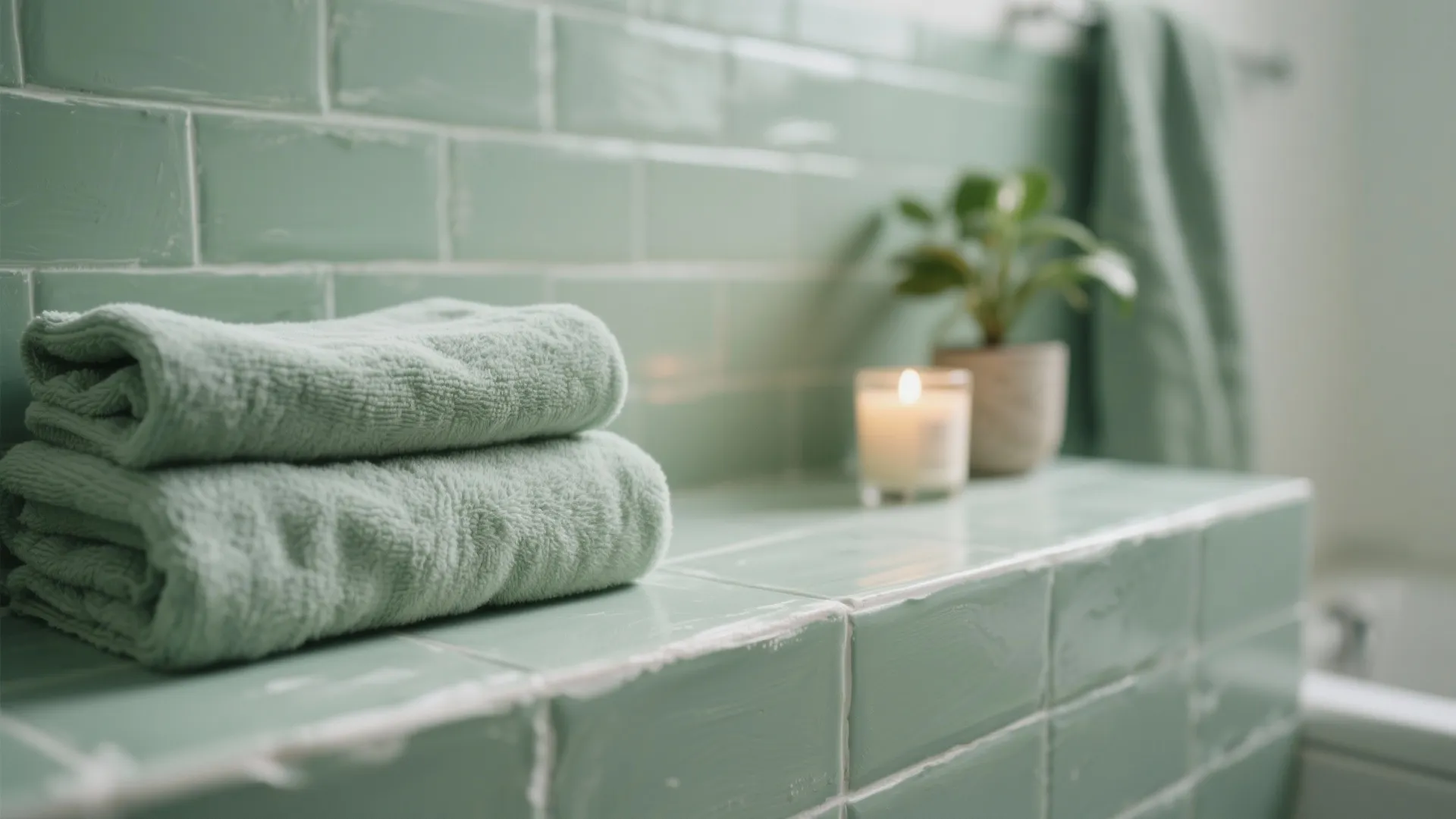Soft green bathroom tiles with folded towels a small potted plant and a lit candle