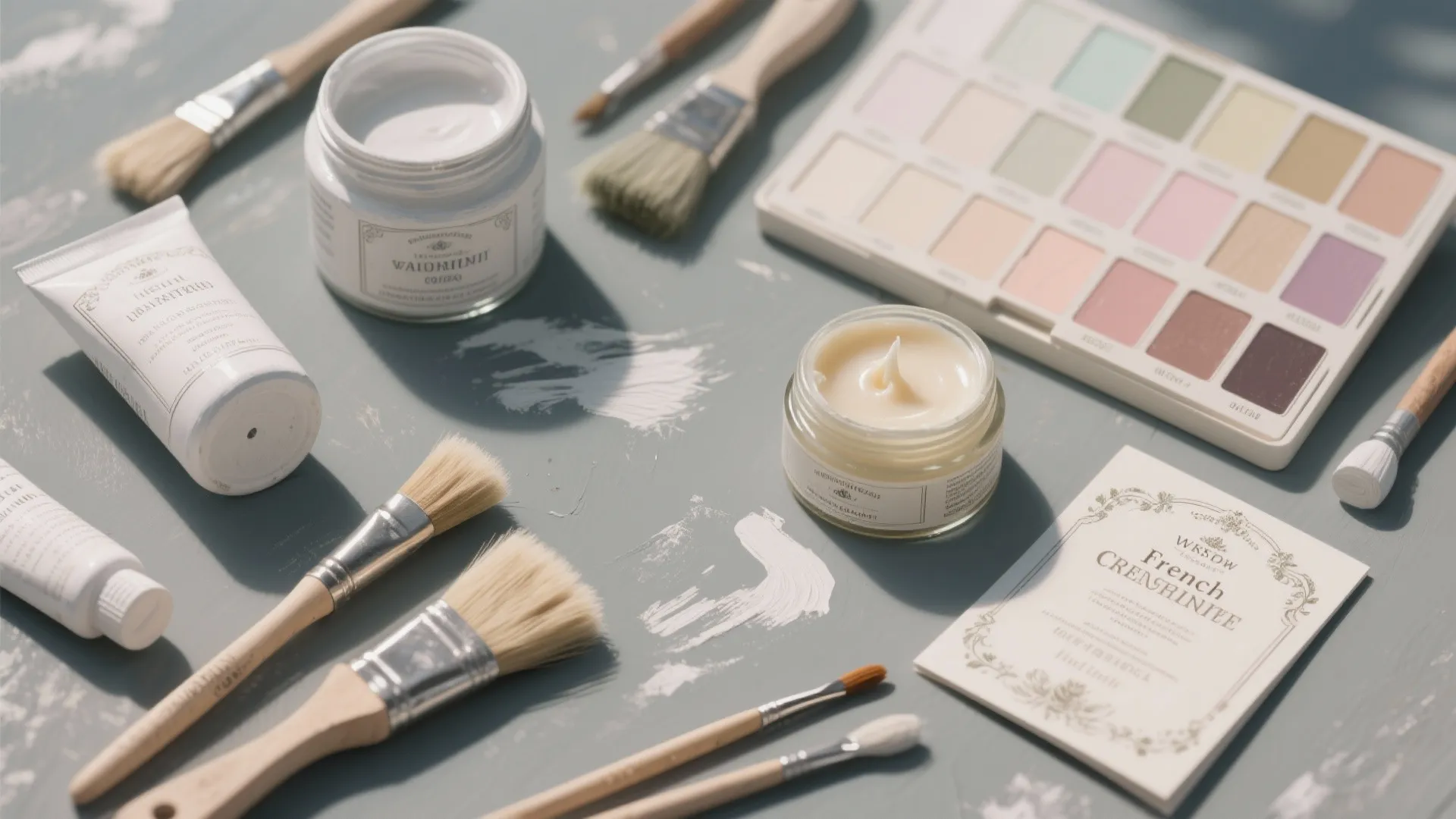 Paint brushes, jars, color palette, and tubes on grey table for home DIY craft work