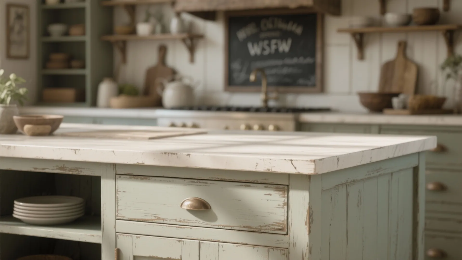 Vintage kitchen with green cabinets marble countertop wooden shelves and a small blackboard on the wall