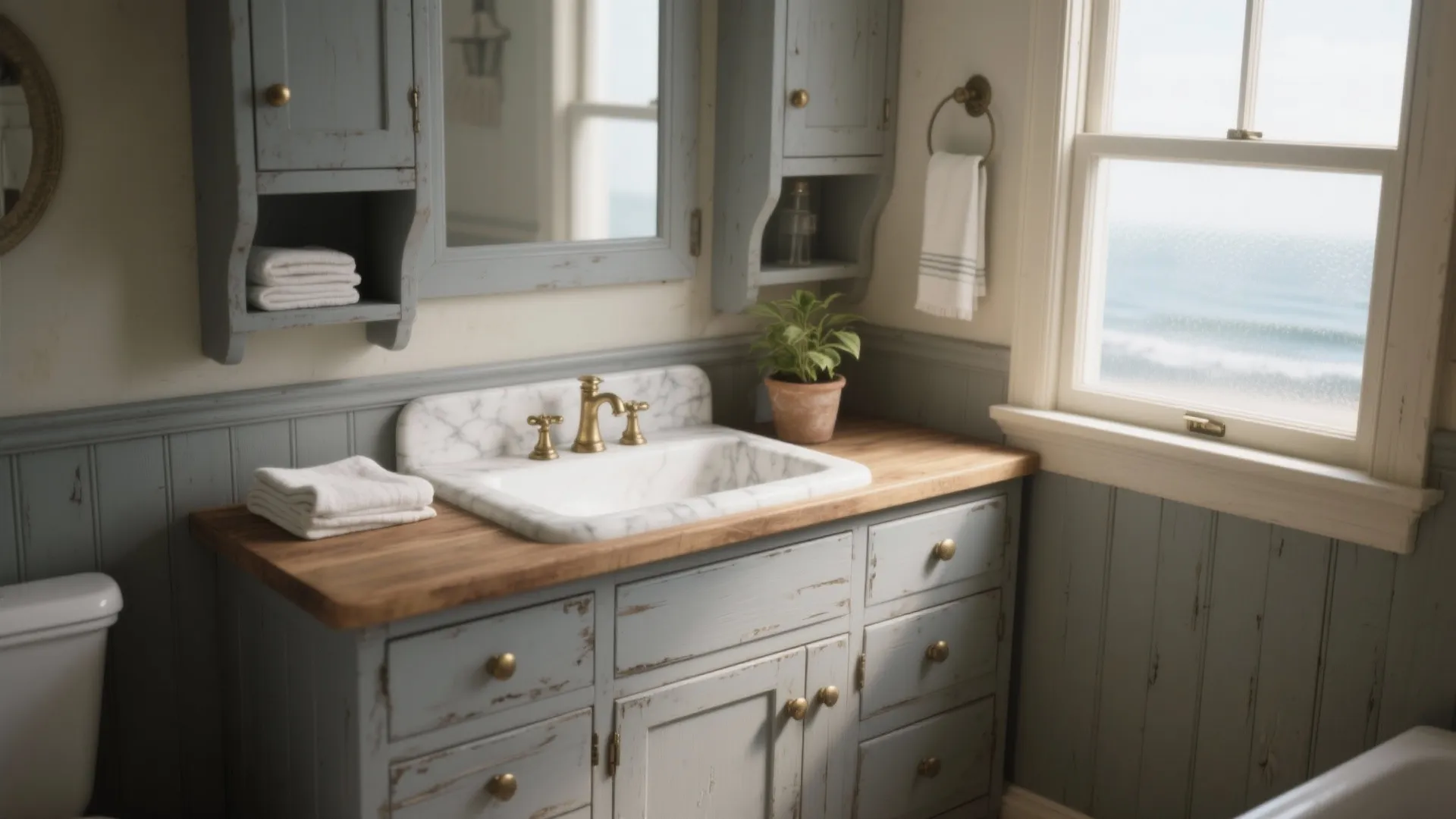 Vintage bathroom with blue painted wooden cabinet marble sink wood counter wall panel and bright window
