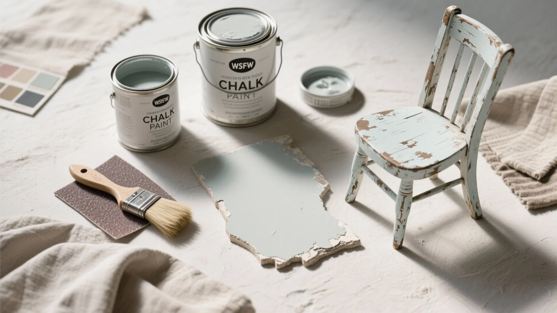 Top-down flatlay of chalk paint cans, brushes, sandpaper and a distressed painted chair fragment for a vintage look.