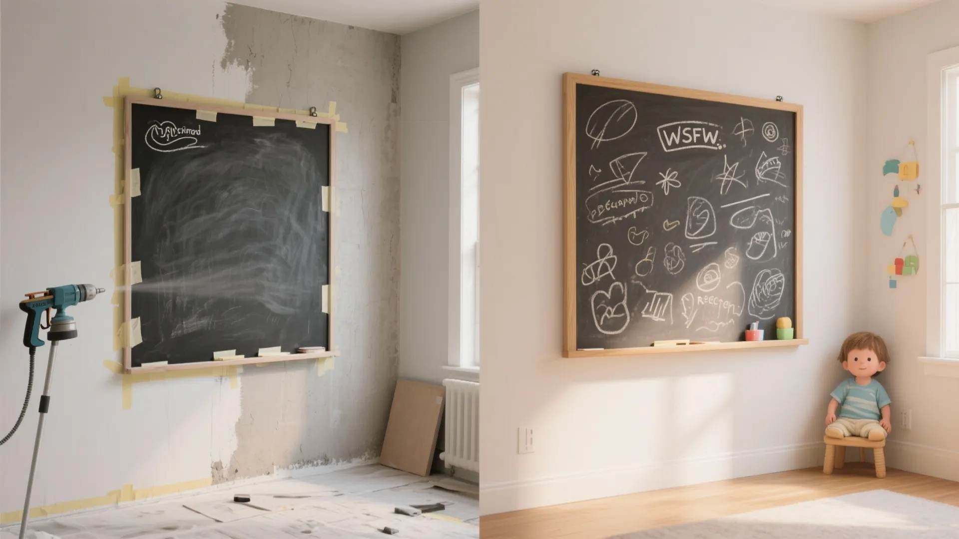 Before and after comparison of painting a wall with a chalkboard for a kids room