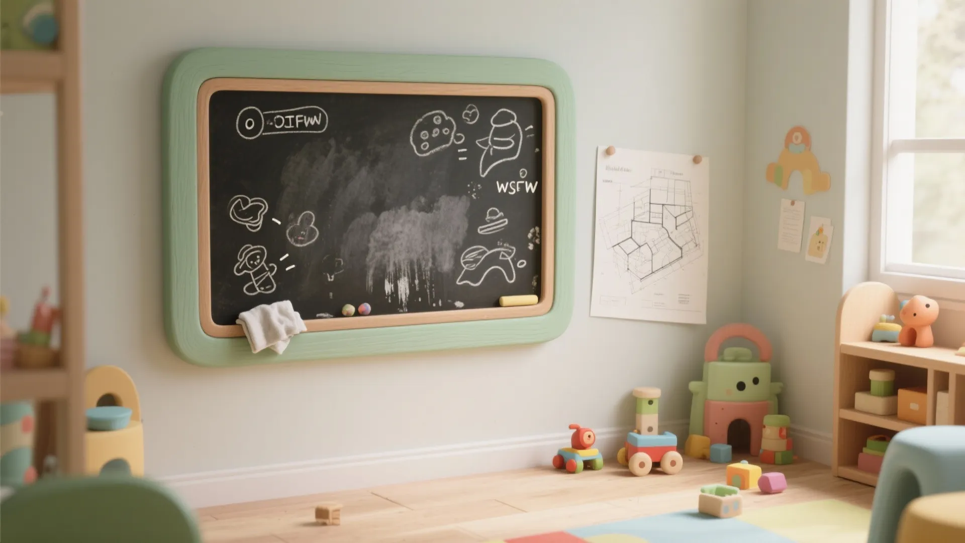Kids playroom with a green framed chalkboard on the wall and colorful toys on floor