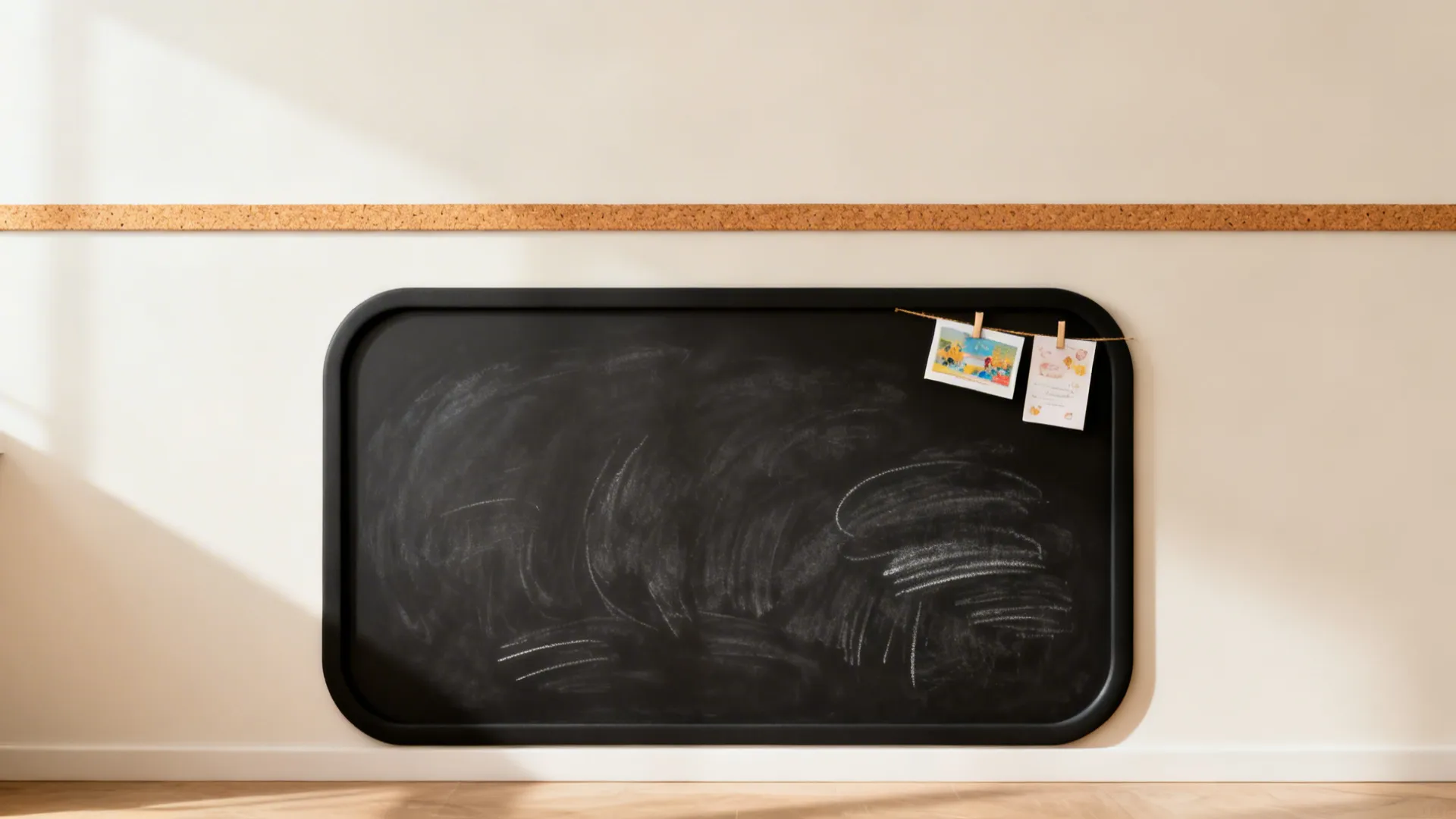 Framed child-height chalkboard panel with a narrow cork strip above for postcards.