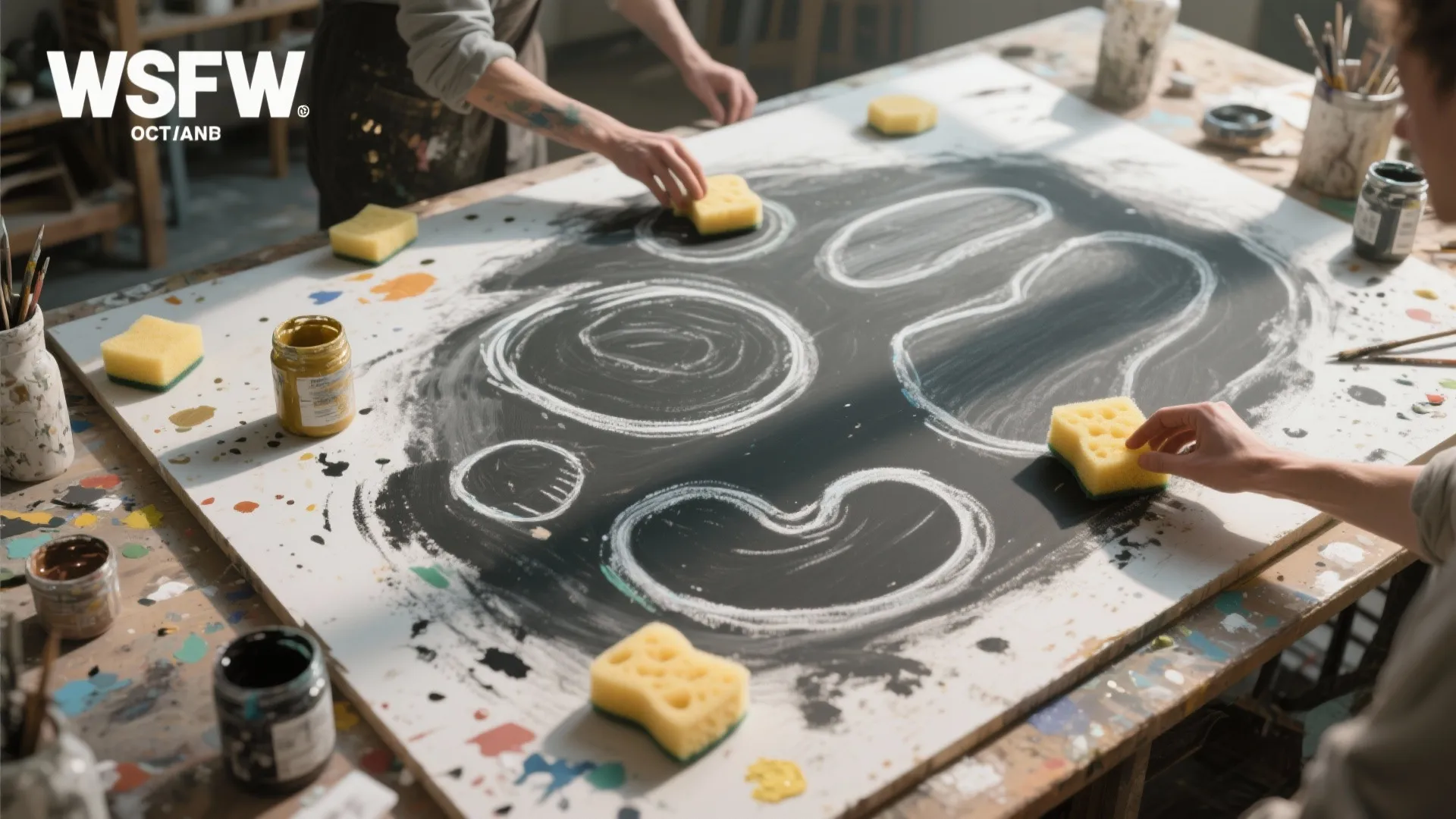 Artist using yellow sponges to apply black paint over white chalk drawings on a canvas