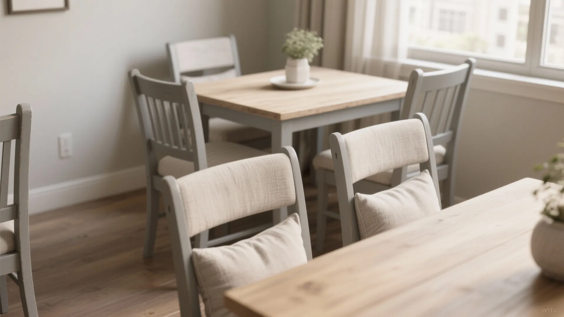 Dining table and gray wooden chairs with cushions in a bright room with natural light