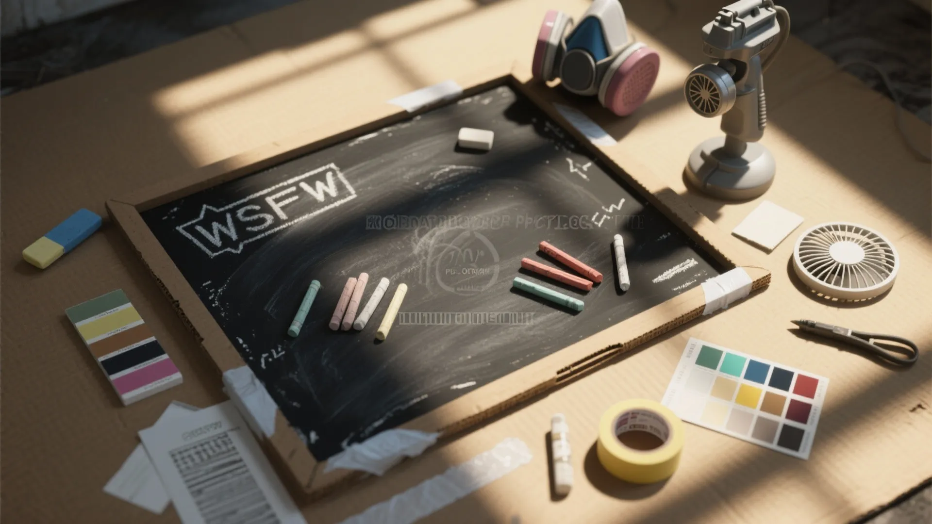 Blackboard with colorful chalk pieces surrounded by color palettes and art supplies on cardboard surface