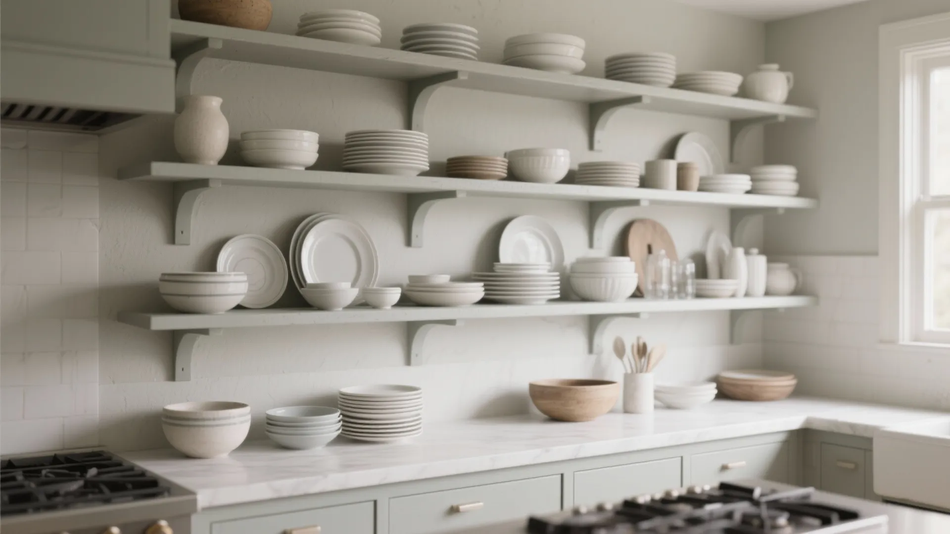 4. Chalk-painted shelving for open storage harmony