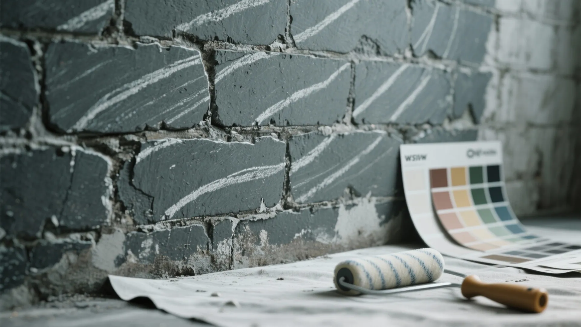 Dark grey brick wall with white chalk patterns paint roller and color palette on floor