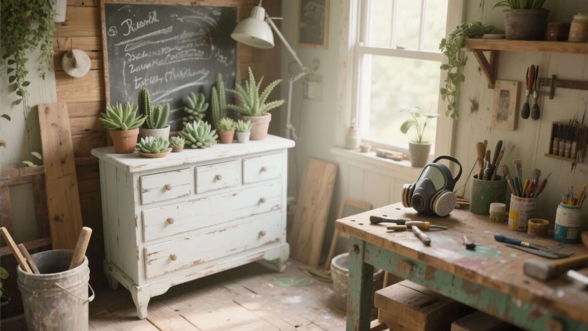White painted wooden cabinet in a workshop with green plants chalkboard tools and a large window