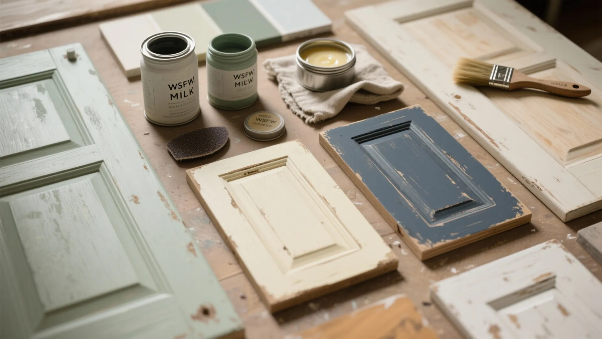 Cabinet doors with chalk paint finish arranged on a table with paint cans and brush