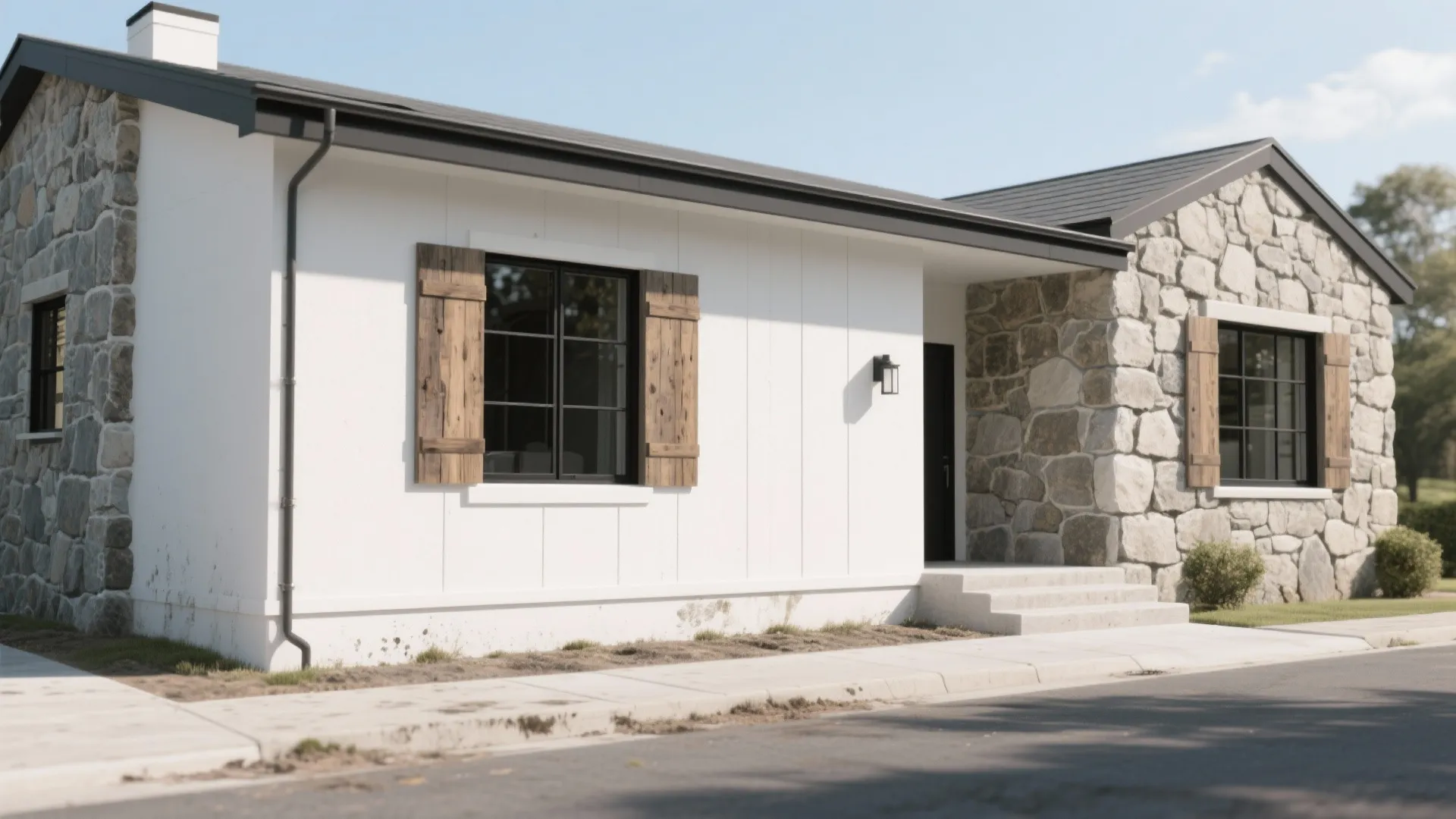 Modern white house with stone wall sections and black windows featuring brown wooden shutters outside