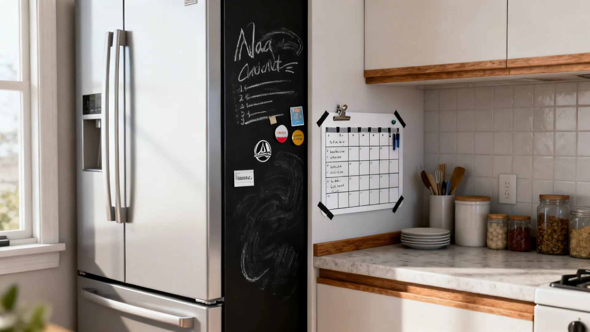 Small kitchen corner with chalkboard sticker on a fridge panel and a whiteboard with magnetic clips.