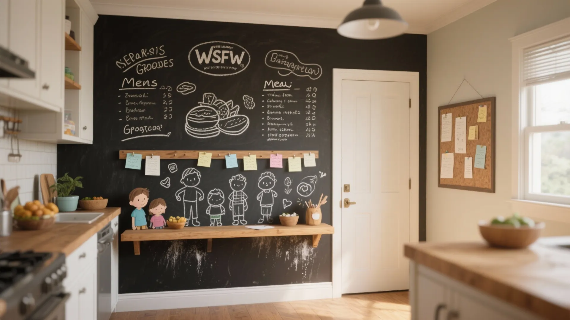 Kitchen entry with a chalkboard mural panel showing handwritten menu, doodles and magnets, illustrating interactive use.