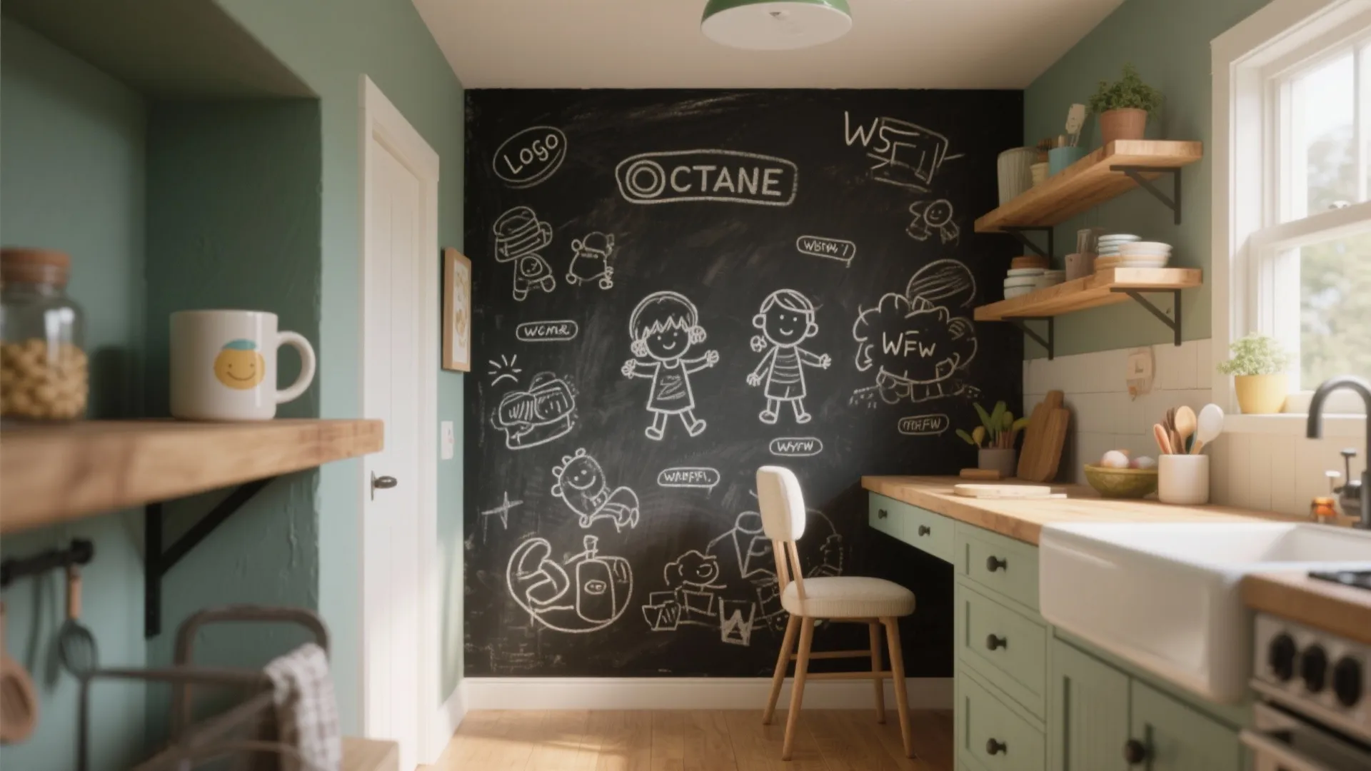Kitchen interior design with green cabinets large chalkboard wall drawings white sink and wooden open shelves