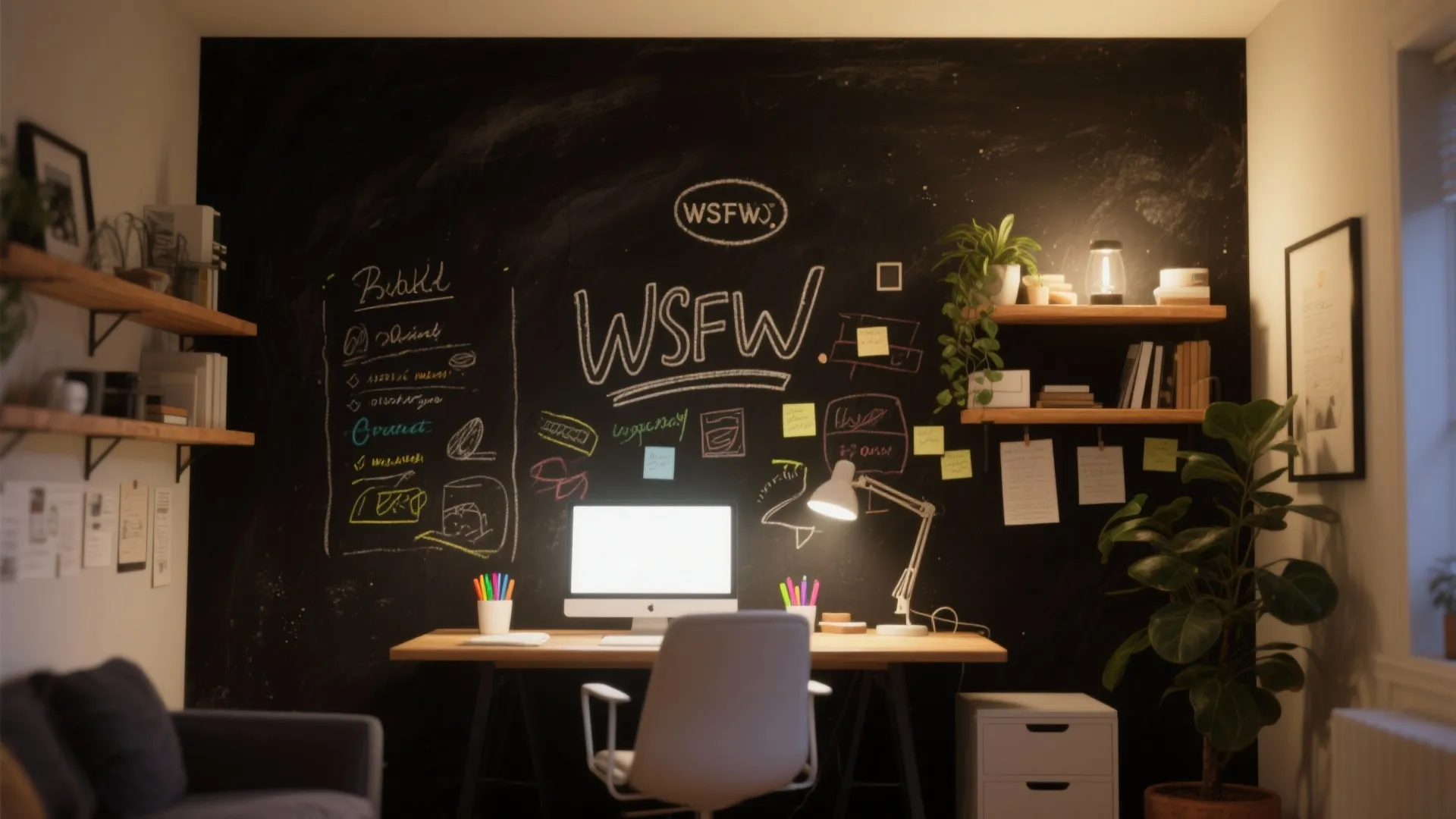 Home office with a dark chalkboard-style writable wall and bright chalk-pen notes.