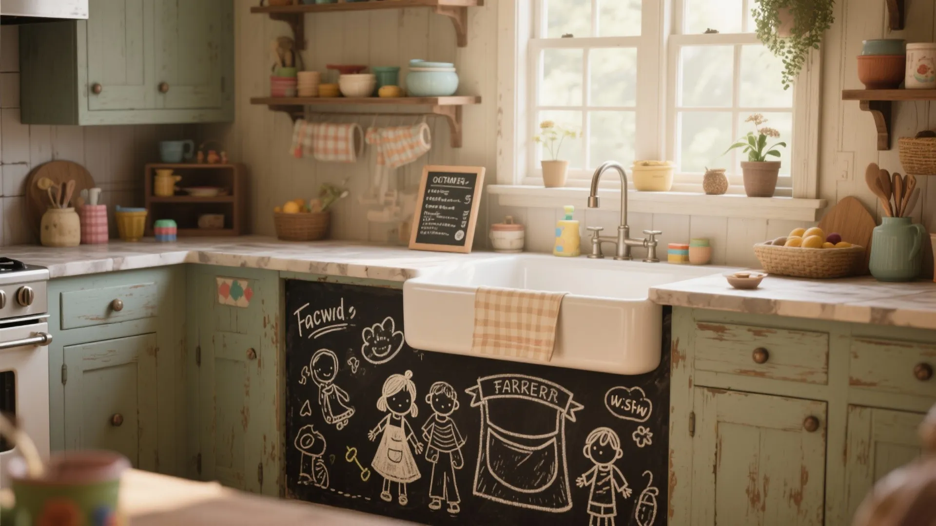 Rustic green kitchen cabinets with white sink and black chalkboard front featuring cute child drawings