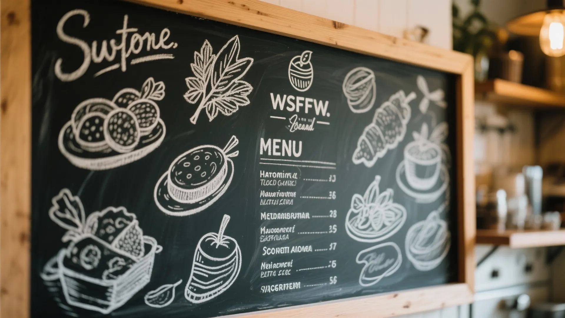 Black kitchen chalkboard menu with white chalk food drawings and text in a wood frame