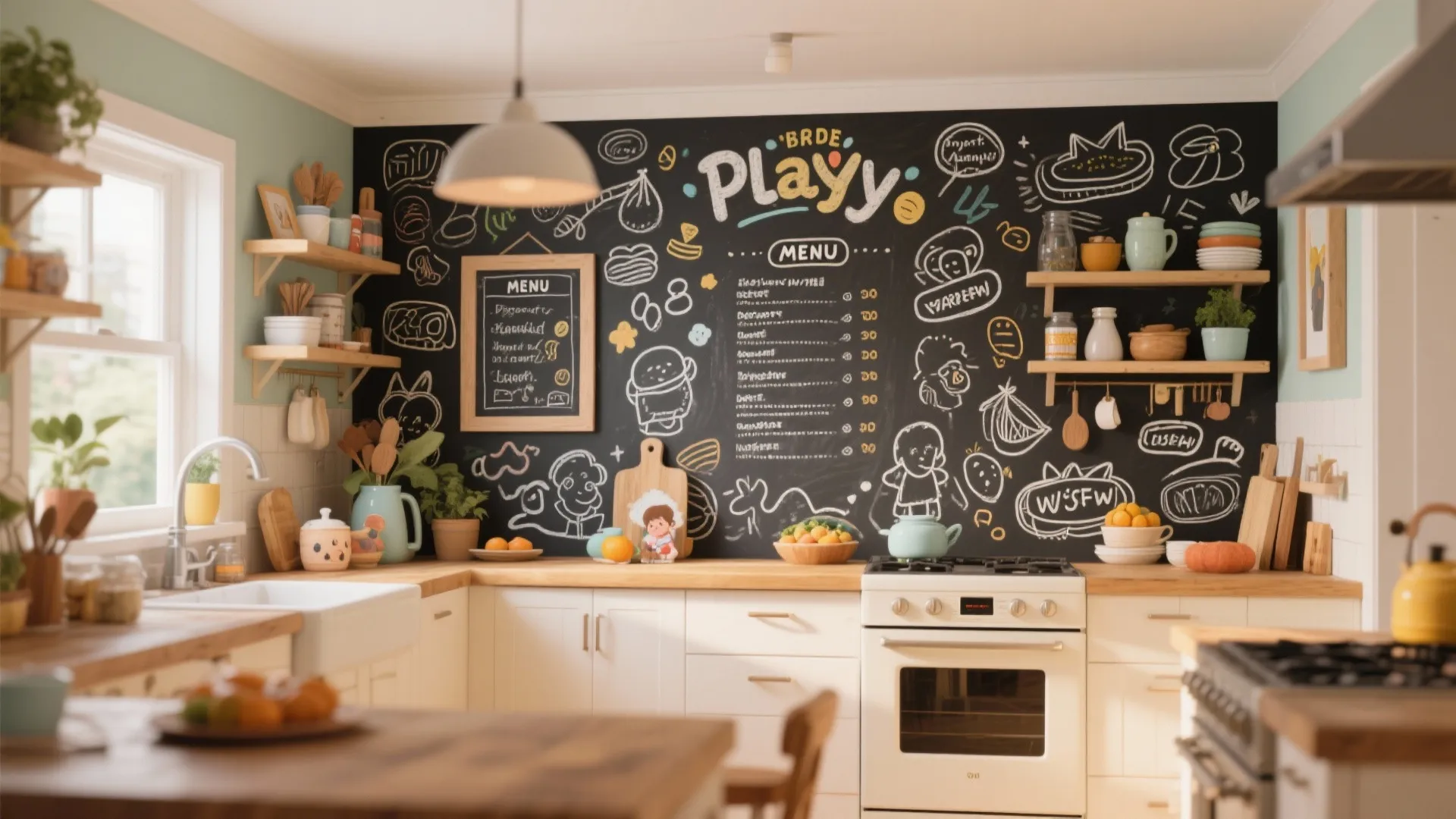 Modern kitchen with black chalkboard wall featuring hand-drawn menu illustrations, white cabinets, and wooden countertops