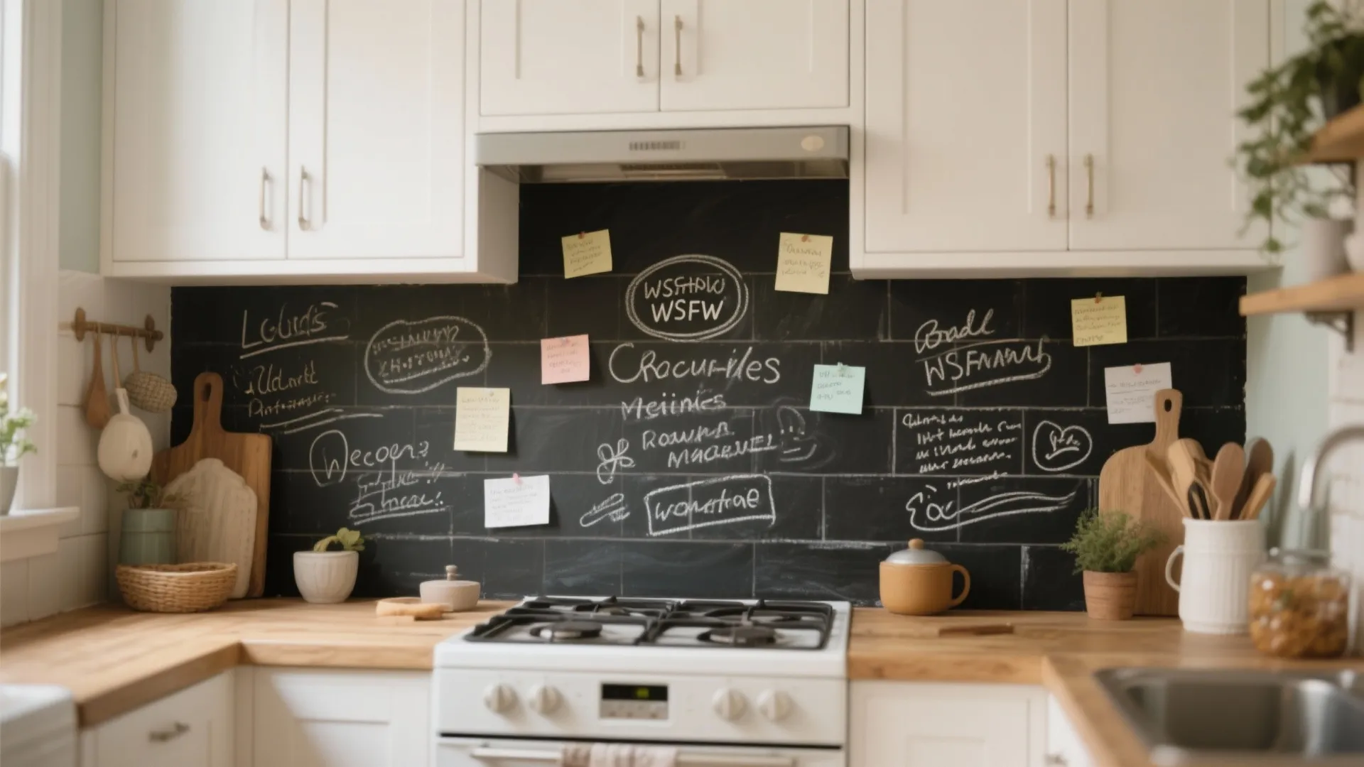 White kitchen cabinets with black chalkboard wall featuring handwritten notes and wooden kitchen counter top