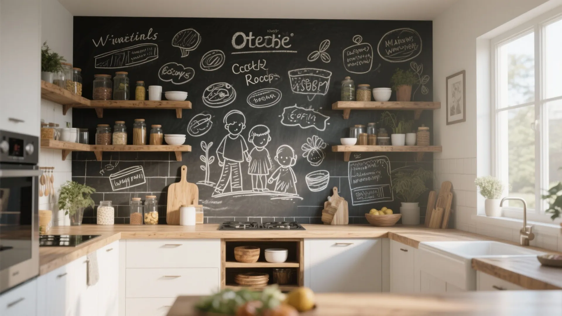 Kitchen with large black chalkboard wall featuring chalk drawings wooden shelves and white lower storage cabinets