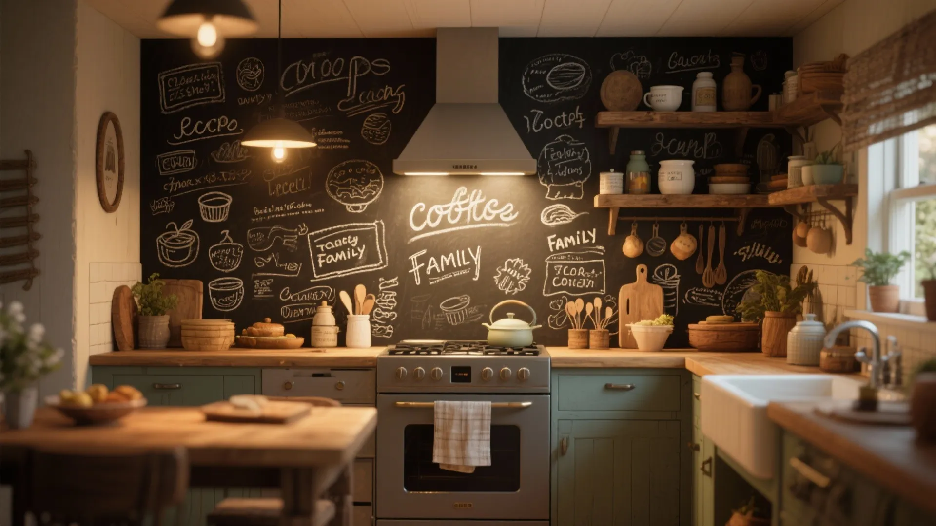 Cozy kitchen with black chalkboard wall backsplash wooden shelves green cabinets white sink and ceiling light