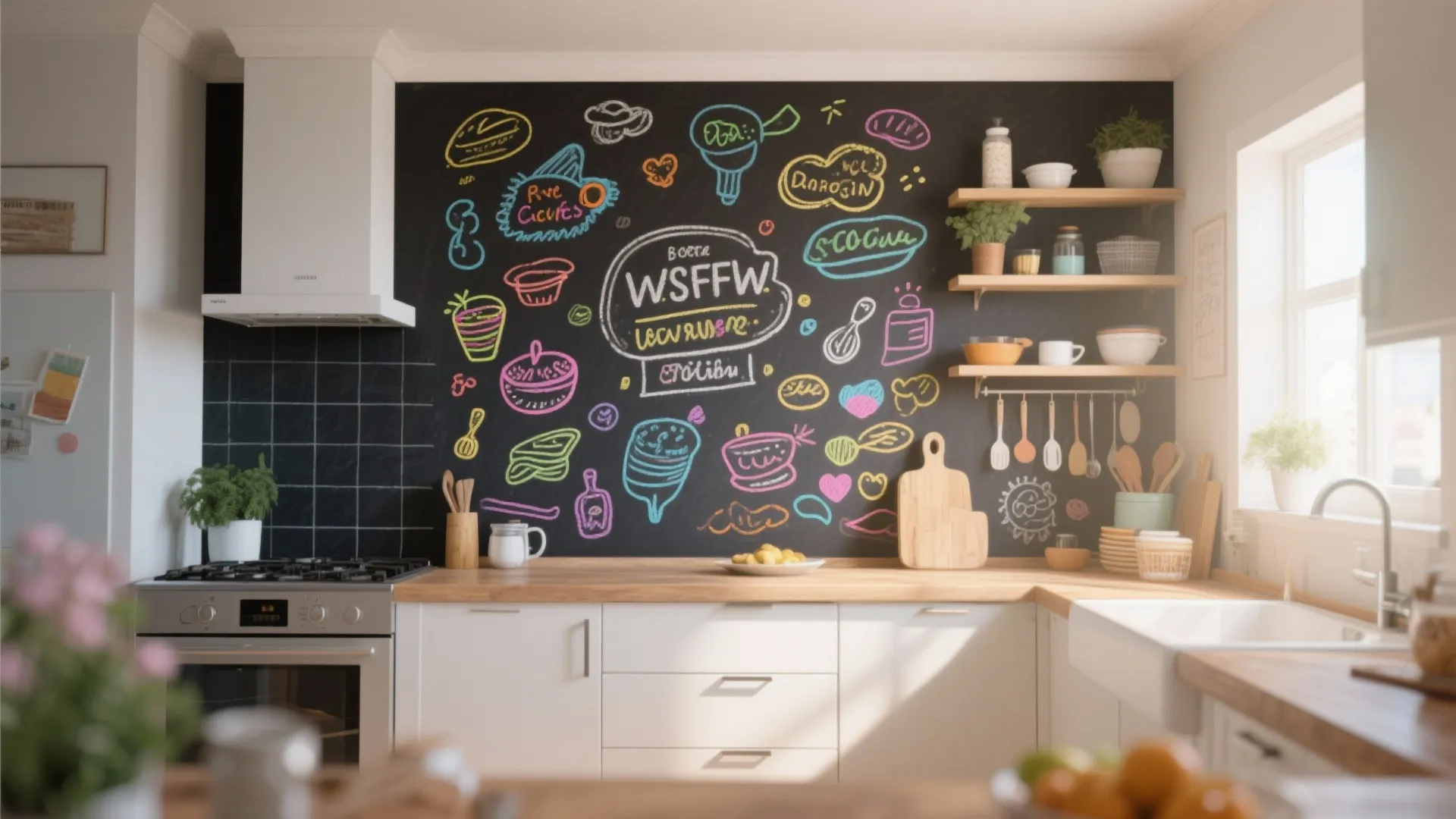 Modern kitchen with black chalkboard wall featuring colorful drawings above wooden countertops and white cabinets