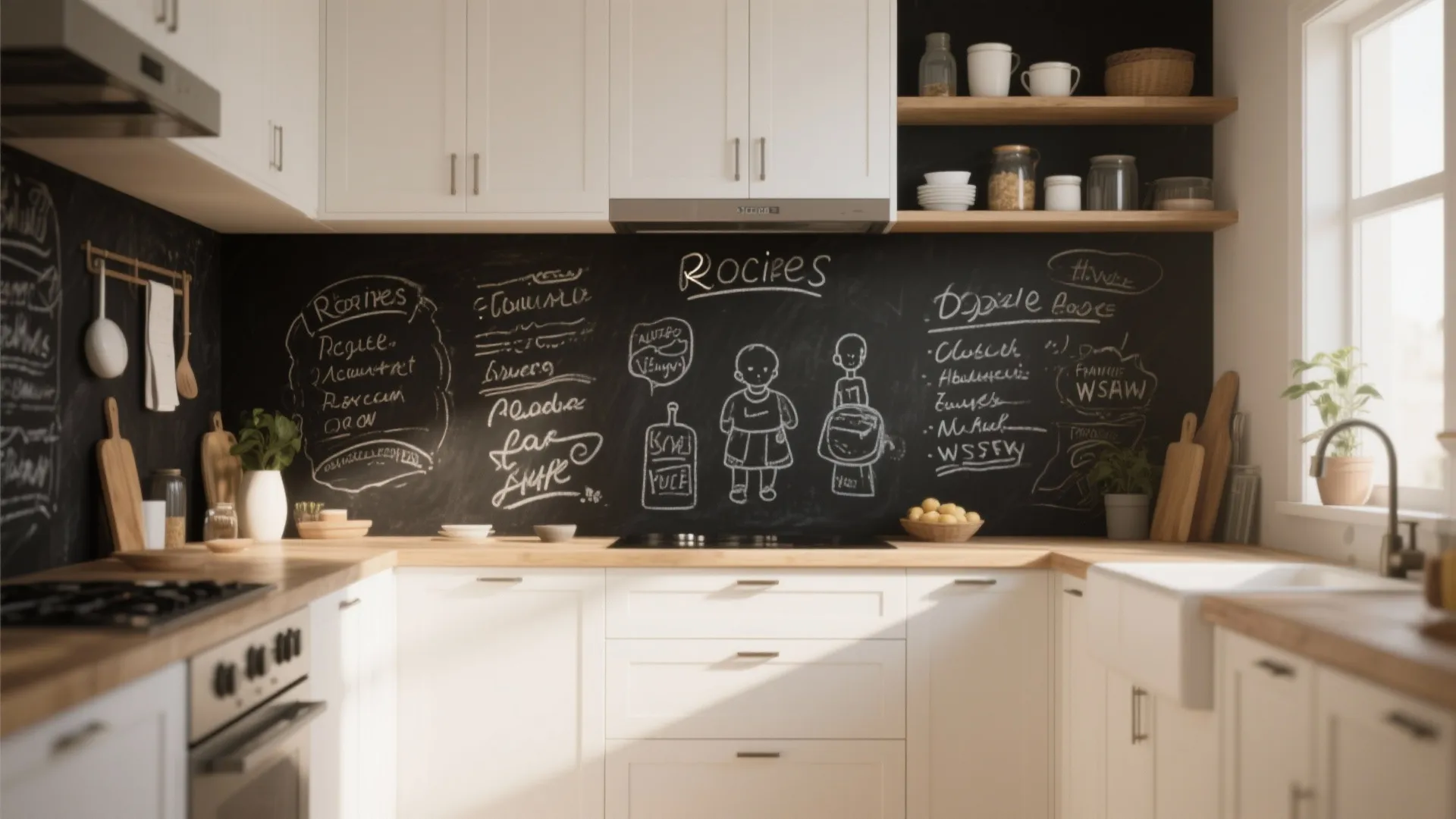 Creative kitchen design with chalkboard wall backsplash featuring hand-drawn recipes beside white wooden storage cabinets