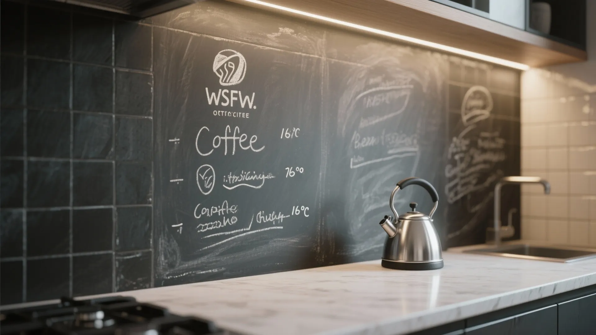 Modern kitchen with black chalkboard wall featuring handwritten menu next to a silver water kettle