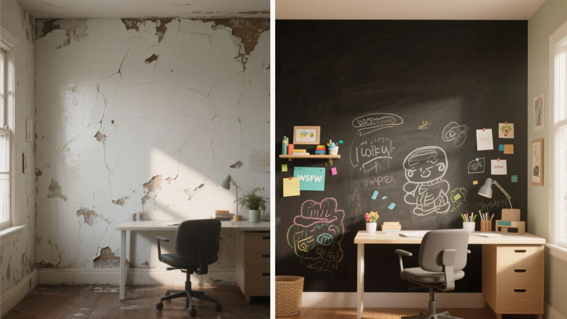 Before and after comparison of old peeling white wall versus new creative black chalkboard wall