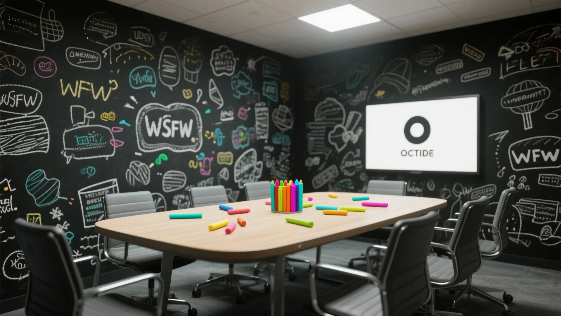 Modern meeting room with chalkboard walls colorful chalk on wood table and black office chairs