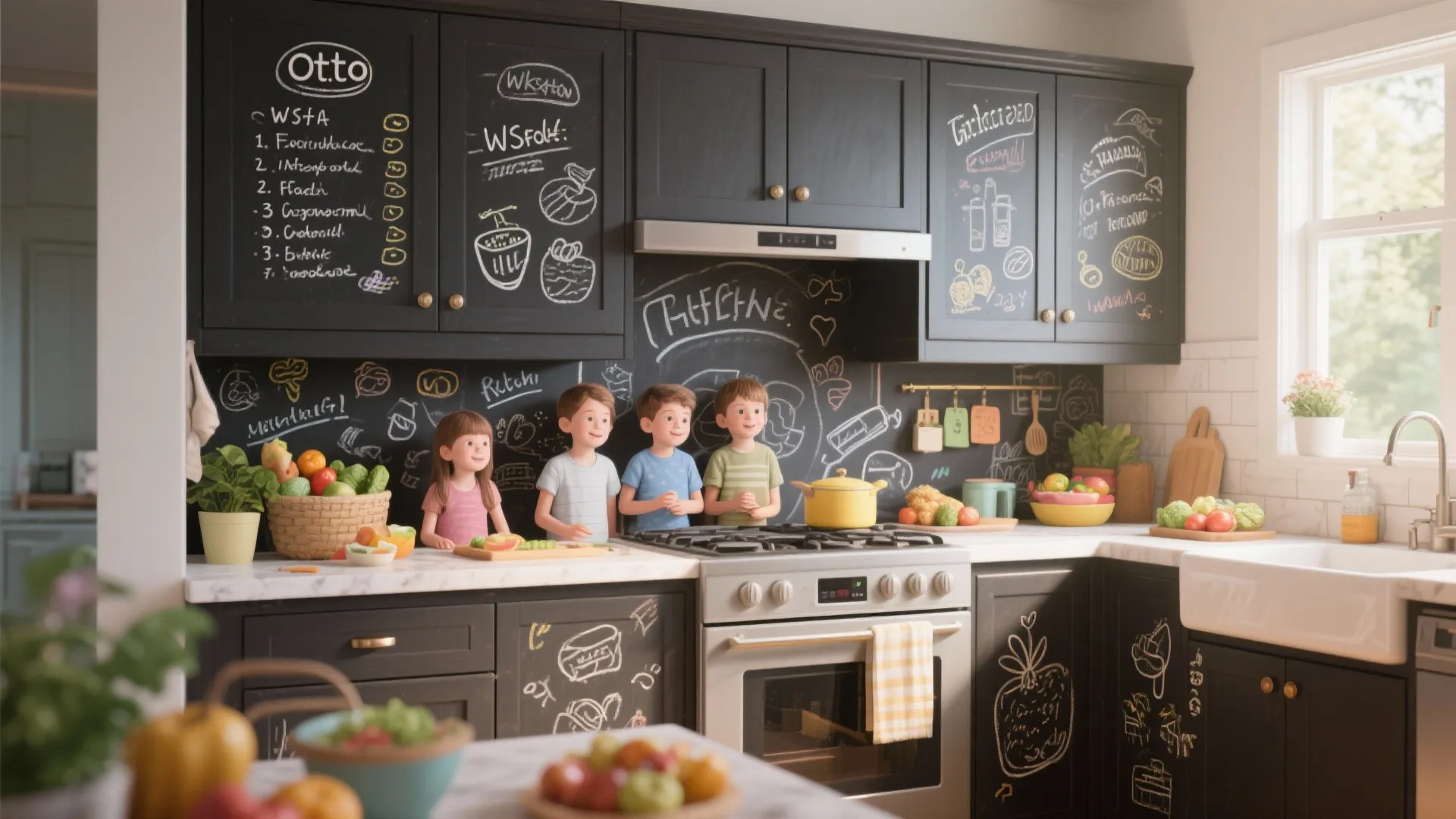 Four children standing in a dark kitchen with chalkboard cabinet doors covered in white drawings
