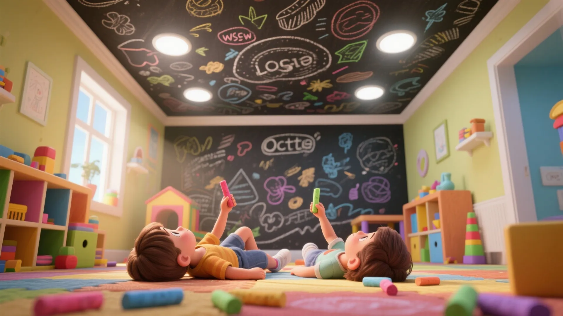 Two children lying on floor looking at colorful drawings on a black chalkboard ceiling playroom