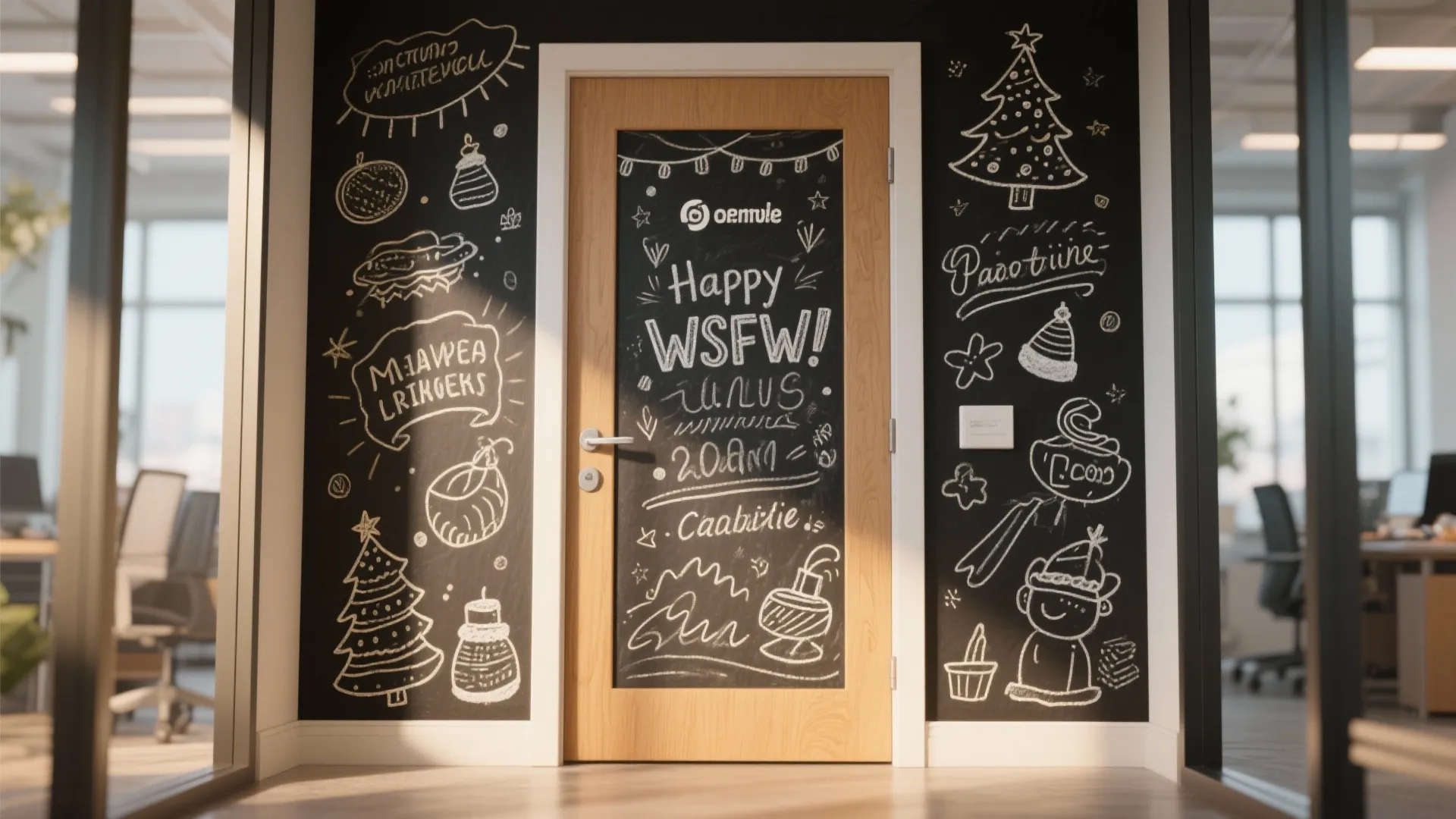 Office door surrounded by chalkboard walls decorated with Christmas trees, holiday drawings, and festive messages