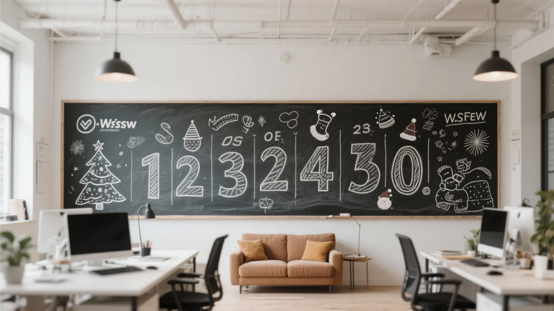 Office interior with a large chalkboard showing Christmas countdown numbers a brown sofa and desks