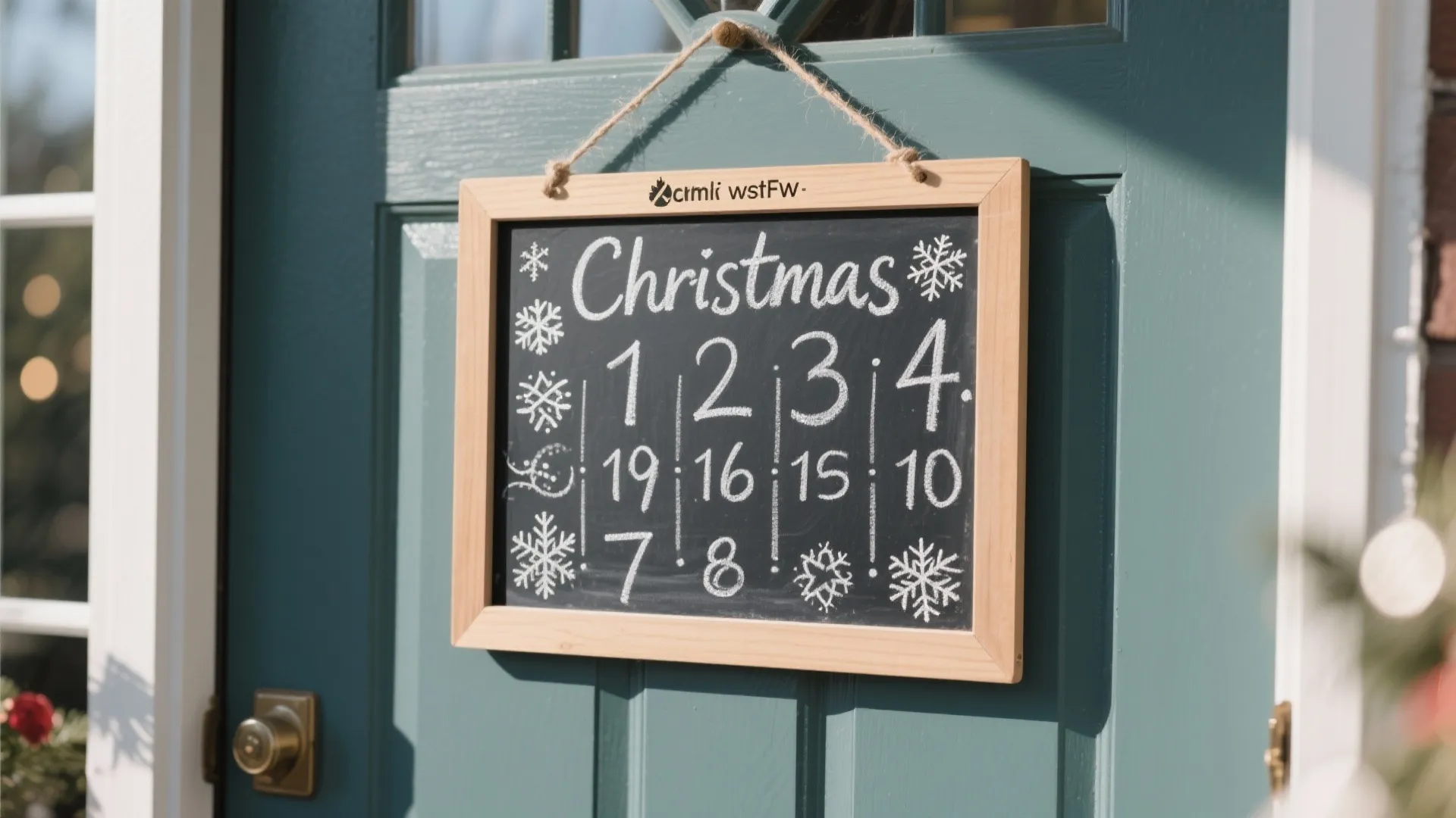 Close-up of chalkboard Christmas countdown sign on a door