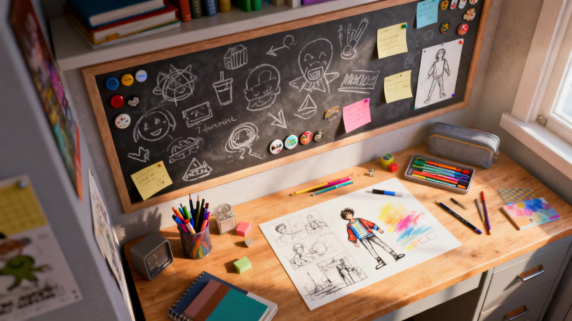 Desk area with chalkboard/magnetic paint panel covered in doodles and magnets.