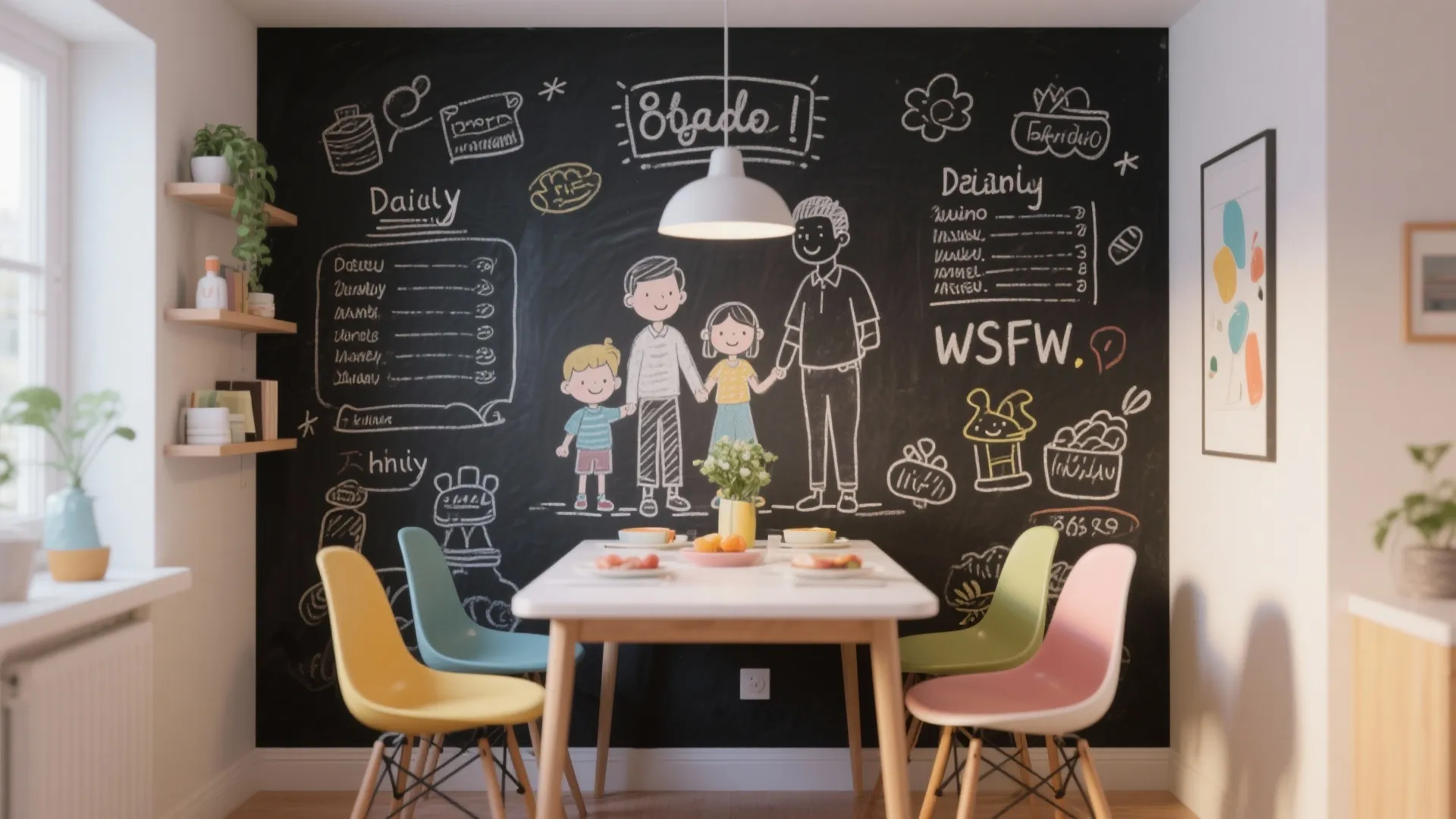 Dining area with colorful chairs and a large black chalkboard wall featuring family chalk drawings