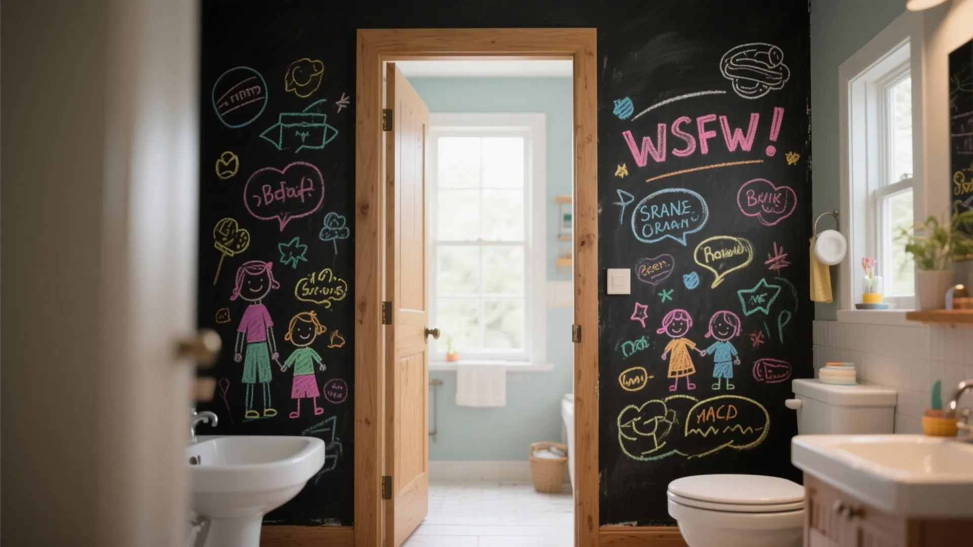 Bathroom wall with colorful chalk drawings next to an open wooden door and white toilet