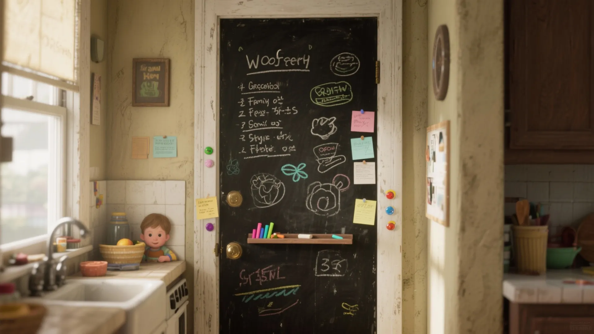 Kitchen door painted as a chalkboard with handwritten lists, doodles, and magnets in a family home.