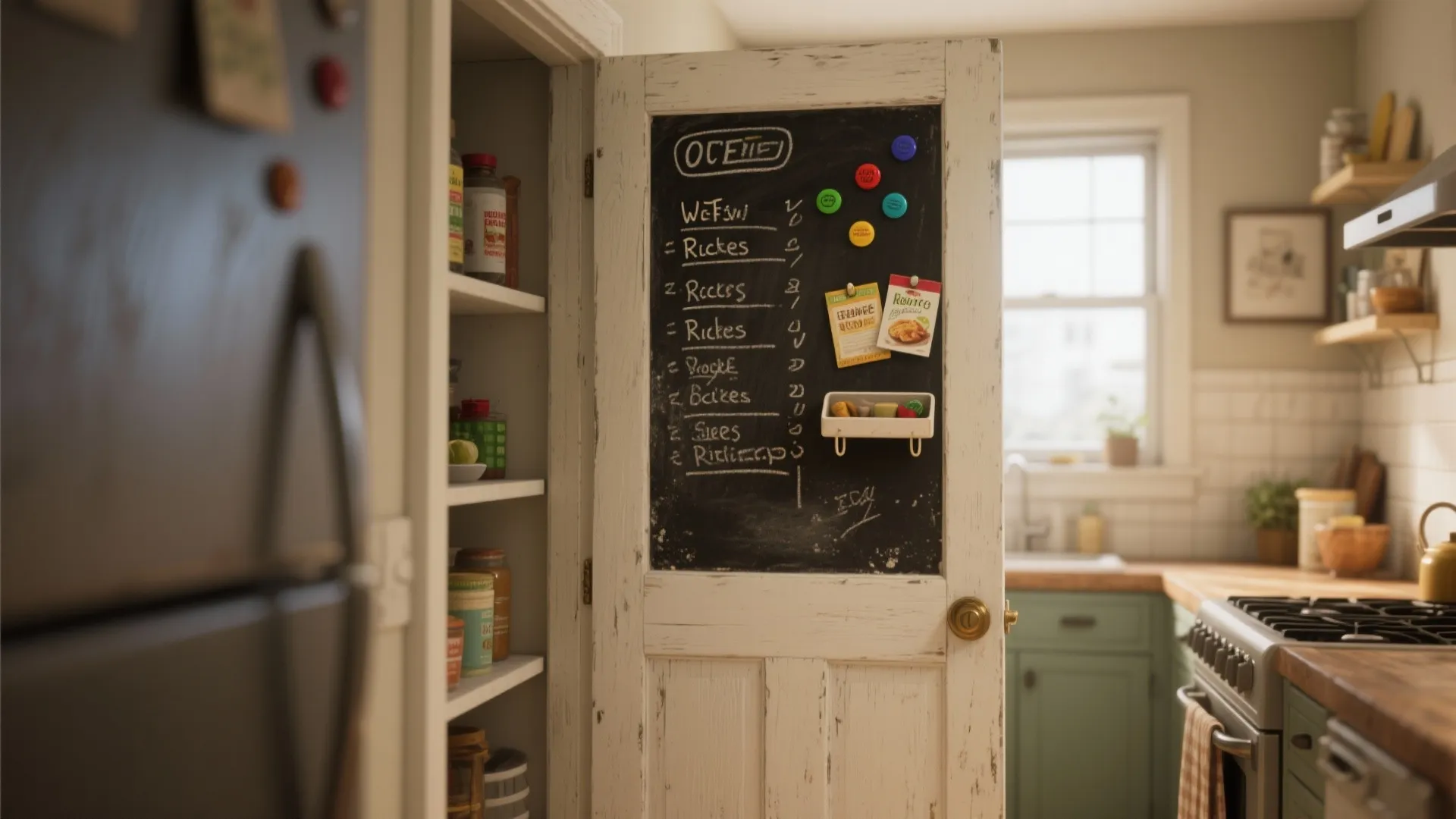 Rustic white pantry door with chalkboard surface showing grocery list inside a warm kitchen setting