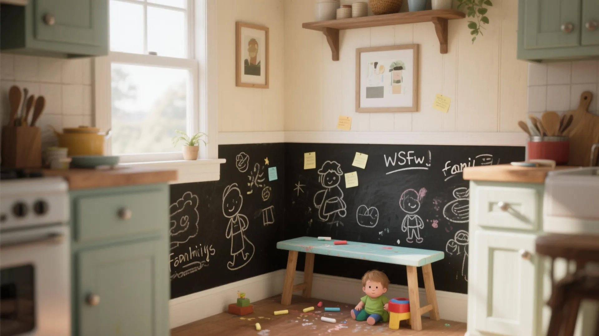 Kitchen family zone with a chalkboard lower half used for notes and kids' drawings