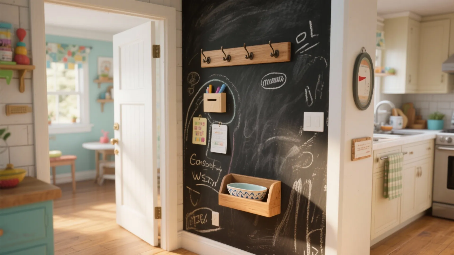Large black chalkboard wall with wooden coat hooks and shelf next to a bright kitchen