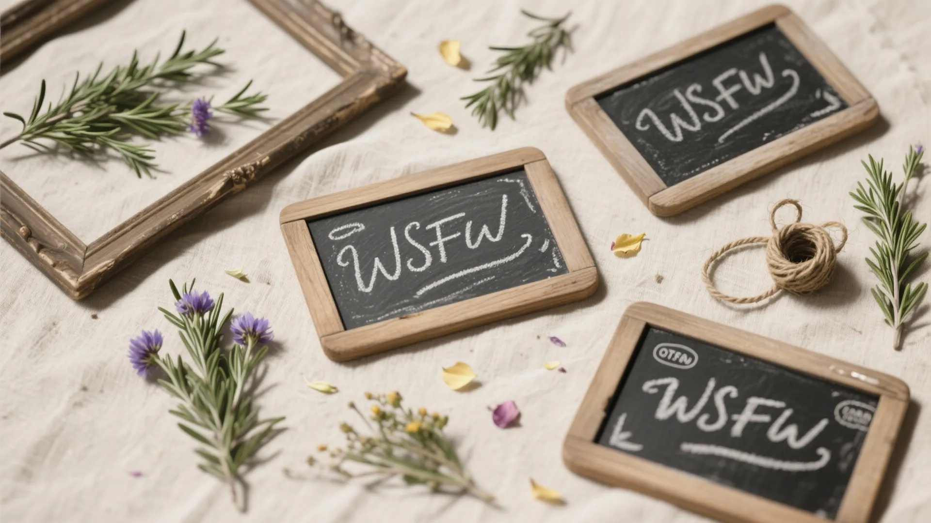 Top-down view of chalkboard labels, rosemary sprigs and local wildflowers styled on neutral linen.