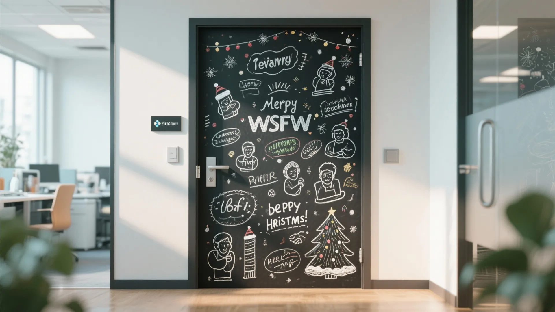 Office door covered in chalkboard paper with hand drawn Christmas tree and holiday greetings decorations