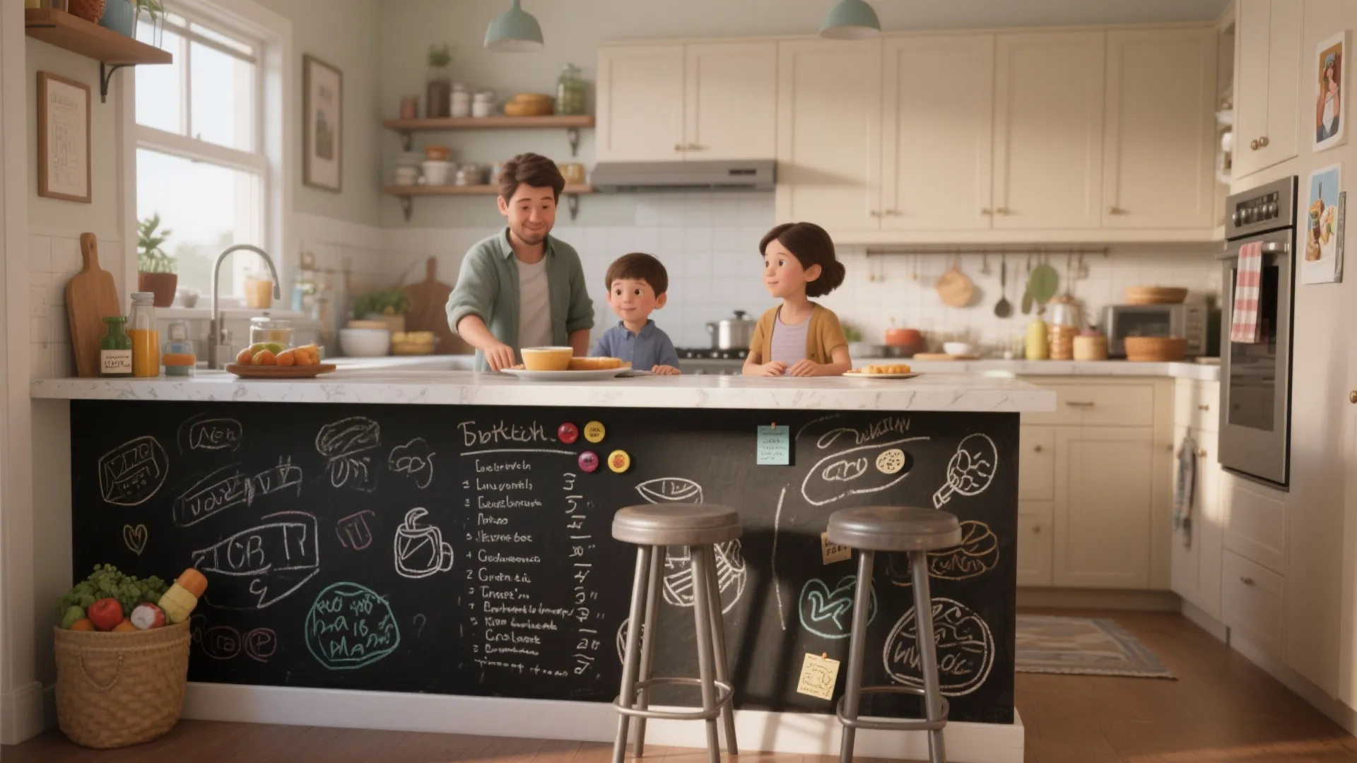 Kitchen with lower chalkboard-painted wall showing grocery list and magnets, neutral paint above.